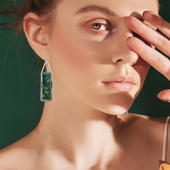 Green Handmade Bohemian Tribal Retro Colorful Square Bar Dangle Drop Earrings - Picture 3 of 6